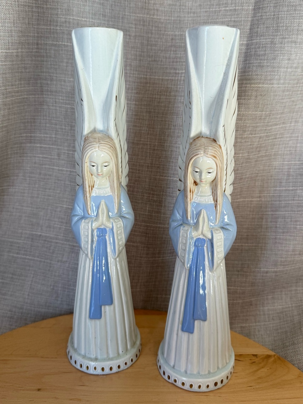 Vintage Set 2 1970's Chalkware Angel Candlesticks - Blue & White -Made in Japan